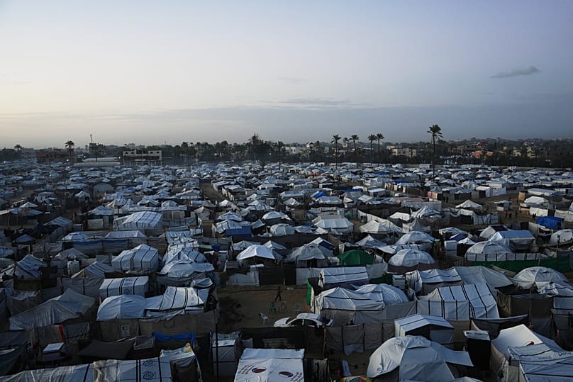 A tent camp for displaced Palestinians stretches across an area in Deir al-Balah, in the central Gaza Strip, Saturday,  10January, 2026.