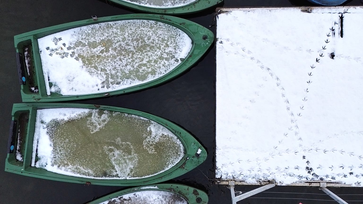 Ruderboote an einem verlassenen Steg sind mit Eis bedeckt, während Vögel im Winter die einzigen „Gäste“ sind.Gelsenkirchen, 7. Januar 2026.