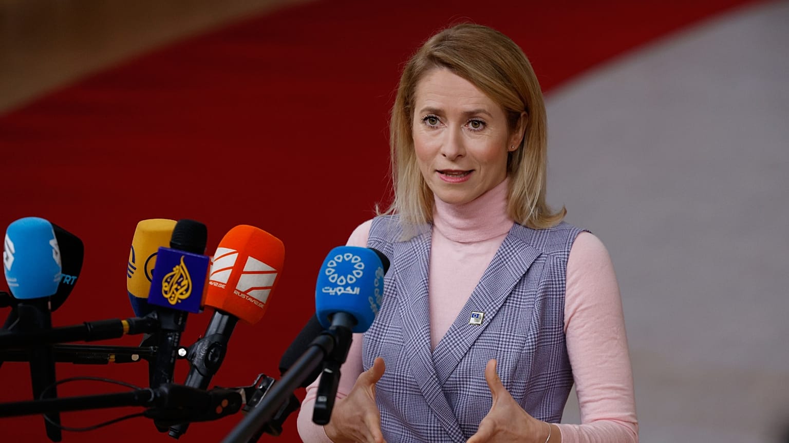 European Union foreign policy chief Kaja Kallas speaks with the media in Brussels.