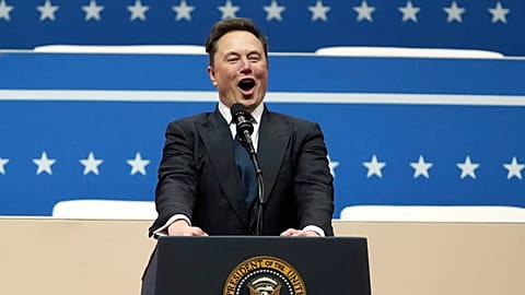 Elon Musk speaks at an indoor Presidential Inauguration parade event in Washington, Monday, Jan. 20, 2025. 