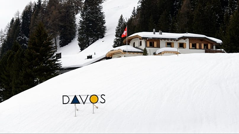 FILE - In this Jan. 12, 2018 file photo a sign reading "Davos", pictured prior to the World Economic Forum WEF in Davos, Switzerland. 