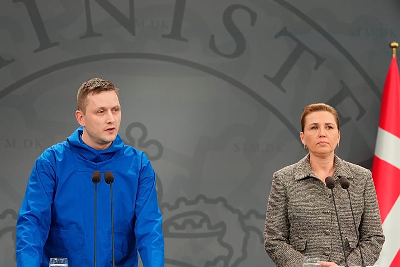 Chairman of the Naalakkersuisut, Greenland, Jens-Frederik Nielsen and Denmark's Prime Minister Mette Frederiksen, right, give a statement, Tuesday, Jan. 13, 2026.