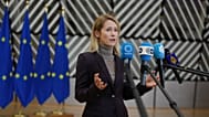 European Union foreign policy chief Kaja Kallas speaks with the media in Brussels.