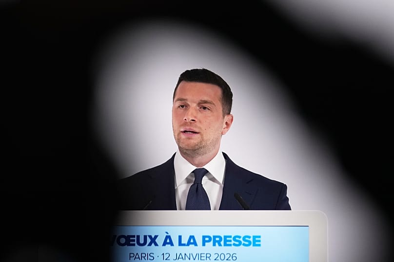 Far-right party National Rally president Jordan Bardella speaks during his New Year address to the press in Paris, 12 January, 2026 