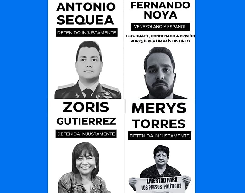 Imágenes anunciando las encarcelaciones y desapariciones de Antonio Sequea, Fernando Noya, Zoris Gutierrez y Merys Torres.