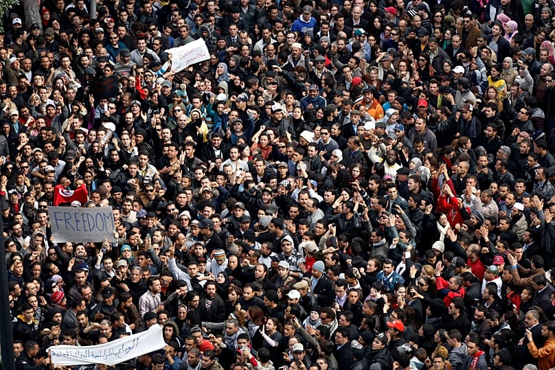 Protesters chant slogans against President Zine El Abidine Ben Ali during a demonstration in Tunis, 14 January, 2011