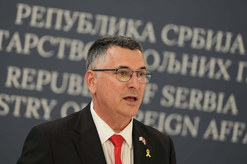 Israel's Foreign Minister Gideon Sa’ar speaks during a press conference in Belgrade, 30 September, 2025