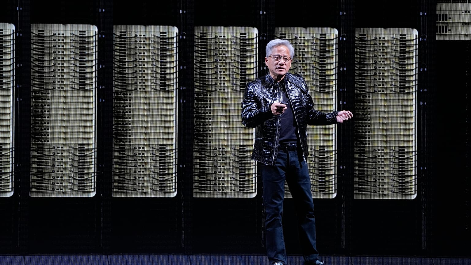 FILE. Nvidia CEO Jensen Huang speaks about the NVIDIA Rubin AI super computing platform during a Nvidia news conference ahead of the CES tech show. 5 Jan 2026. Las Vegas.