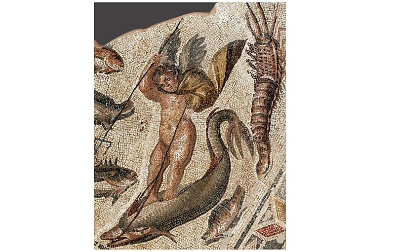 Εξαιρετικής τέχνης ψηφιδωτό δάπεδο από αίθριο ρωμαϊκής οικίας, με απεικόνιση θαλάσσιου κόσμου και με Ερωτιδείς ως αλιείς ψυχών στην υπηρεσία της Αφροδίτης. Πάτρα, 2ος-3ος αι. 