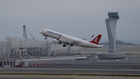 A Turkish Airlines plane takes off from Istanbul Airport near the Black Sea shores, in Istanbul, on April 6, 2019. 