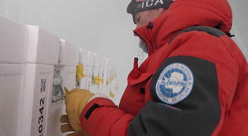 Storing the ice cores in the Antarctic cave created by researchers. 