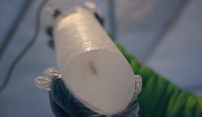 An ice core taken from Switzerland's Grand Combin in 2025.