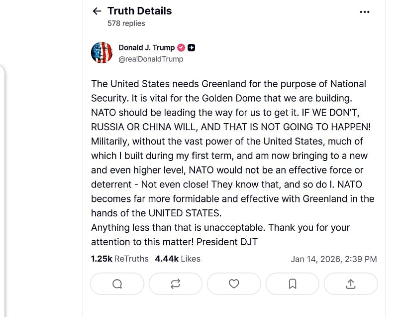 منشور ترامب عن غرينلاند على منصة تروث سوشيال