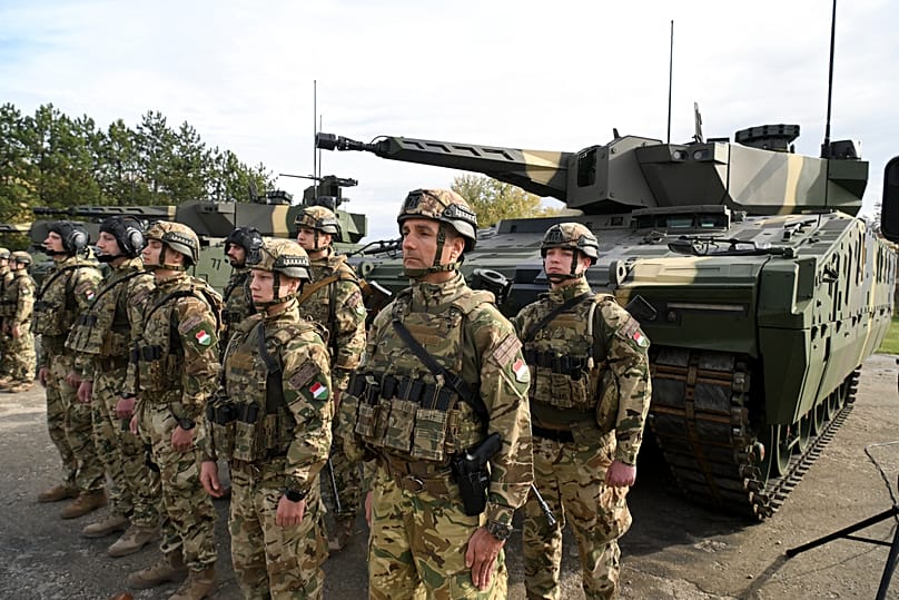 Hungarian soldiers attend the opening ceremony of the Adaptive Hussars 2023 military exercise in Hodmezovasarhely, 7 November, 2023