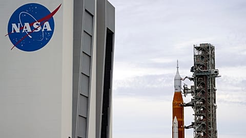 The NASA moon rocket rolls back to the Vehicle Assembly Building at the Kennedy Space Center Sept. 27, 2022, in Cape Canaveral, Fla.