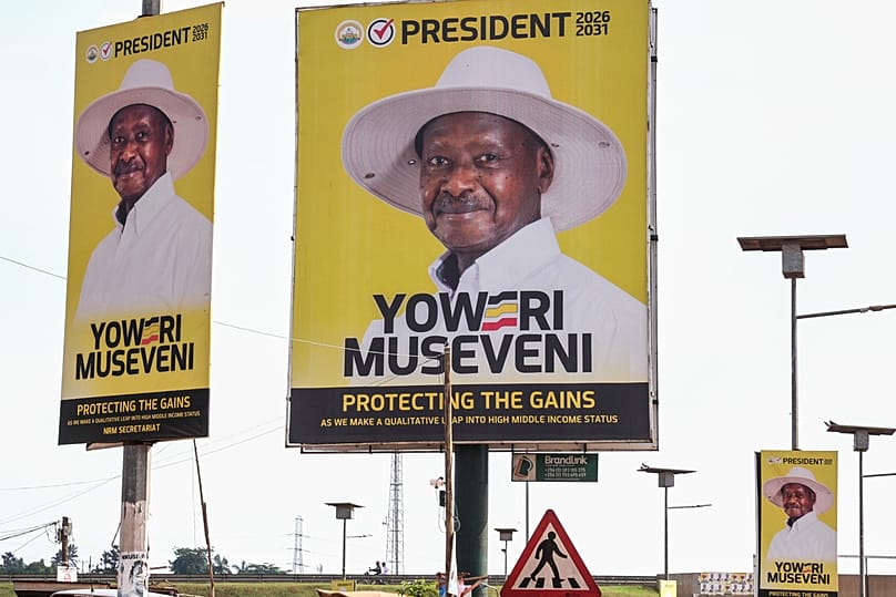 Billboards of Uganda President and National Resistance Movement (NRM) presidential candidate Yoweri Museveni are seen in Kampala, Uganda, Tuesday, Jan. 13, 2026. 