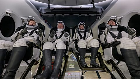 Four astronauts pictured inside the SpaceX Dragon Endeavour shortly after landing in the Pacific off Long Beach, California, 15 January 2026.