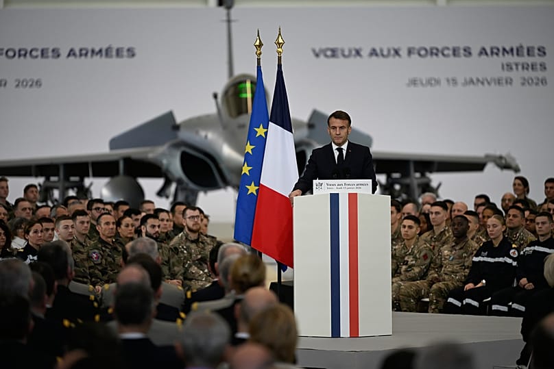 French President Emmanuel Macron delivers a speech as he visits the Istres military air force base, southern France, Thursday, Jan. 15, 2026. 