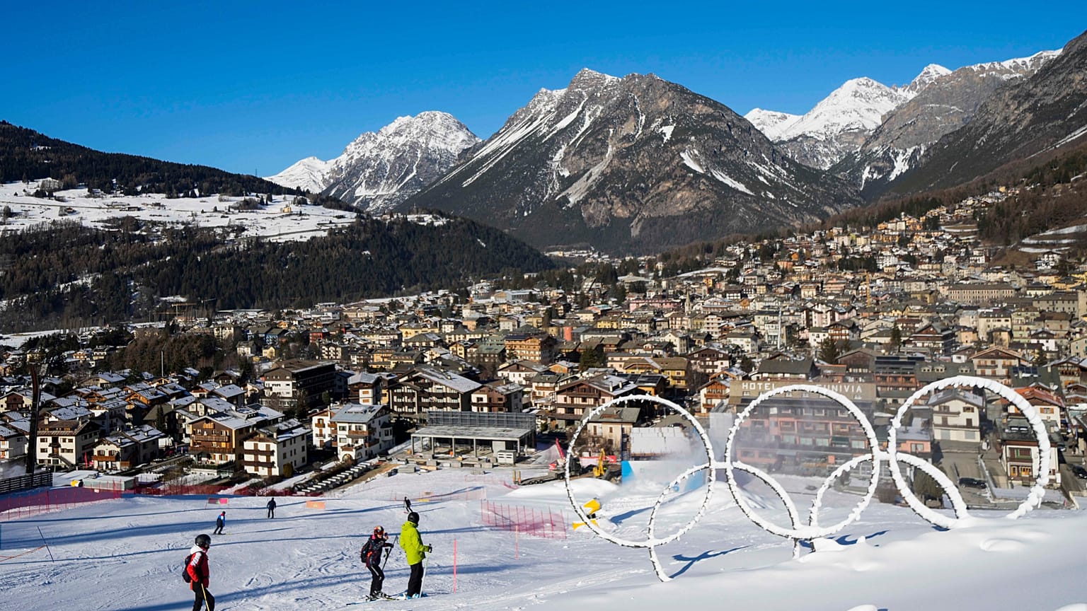 Olympic rings are displayed near a slope of the Stelvio Ski Center, venue for the alpine ski and ski mountaineering disciplines, at the 2026 Milan Cortina Winter Olympics.