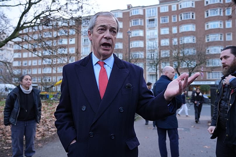 Reform UK party leader Nigel Farage addresses protesters outside the Iranian embassy in London, 12 January, 2026