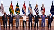 Leaders pose for a group photo during a meeting to sign a free trade deal between the European Union and Mercosur in Asuncion, Paraguay, Saturday, Jan. 17, 2026. 