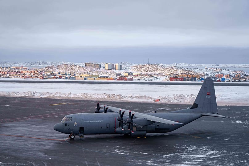 A Royal Danish Air Force military plane is seen at the airport of Nuuk, 15 January, 2026