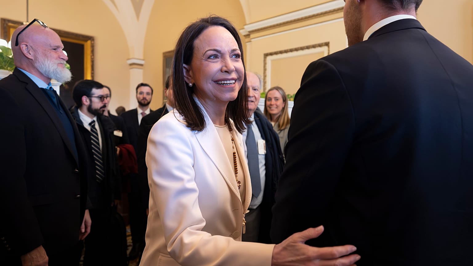 Venezuelan opposition leader Maria Corina Machado is welcomed as she arrives for meetings at the Capitol Hill in Washington