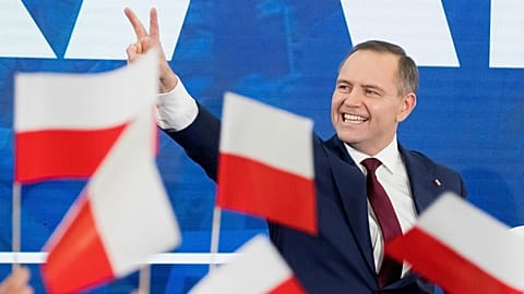 Karol Nawrocki, candidat à l'élection présidentielle polonaise de 2025 soutenu par le parti national conservateur Droit et Justice, Pologne, 18 mai 2025.