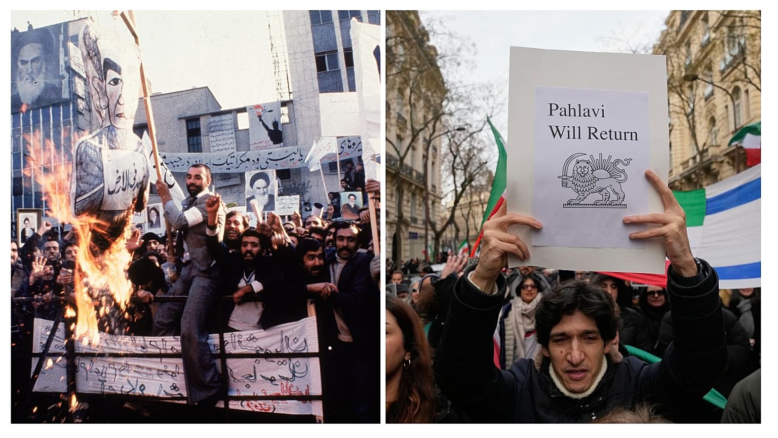 تجمعی در پاریس، فرانسه، روز یک‌شنبه ۱۱ ژانویه ۲۰۲۶ (راست) و اعتراض‌های سال ۵۷ در مقابل سفارت آمریکا در تهران (چپ)