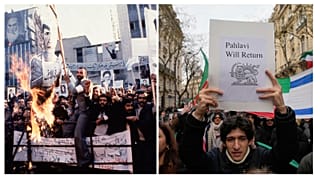 تجمعی در پاریس، فرانسه، روز یک‌شنبه ۱۱ ژانویه ۲۰۲۶ (راست) و اعتراض‌های سال ۵۷ در مقابل سفارت آمریکا در تهران (چپ)