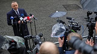 FILE: Poland President Karol Nawrocki speaks to the media following a meeting with Britain's Prime Minister Keir Starmer, at Downing Street in London, 13 January 2026