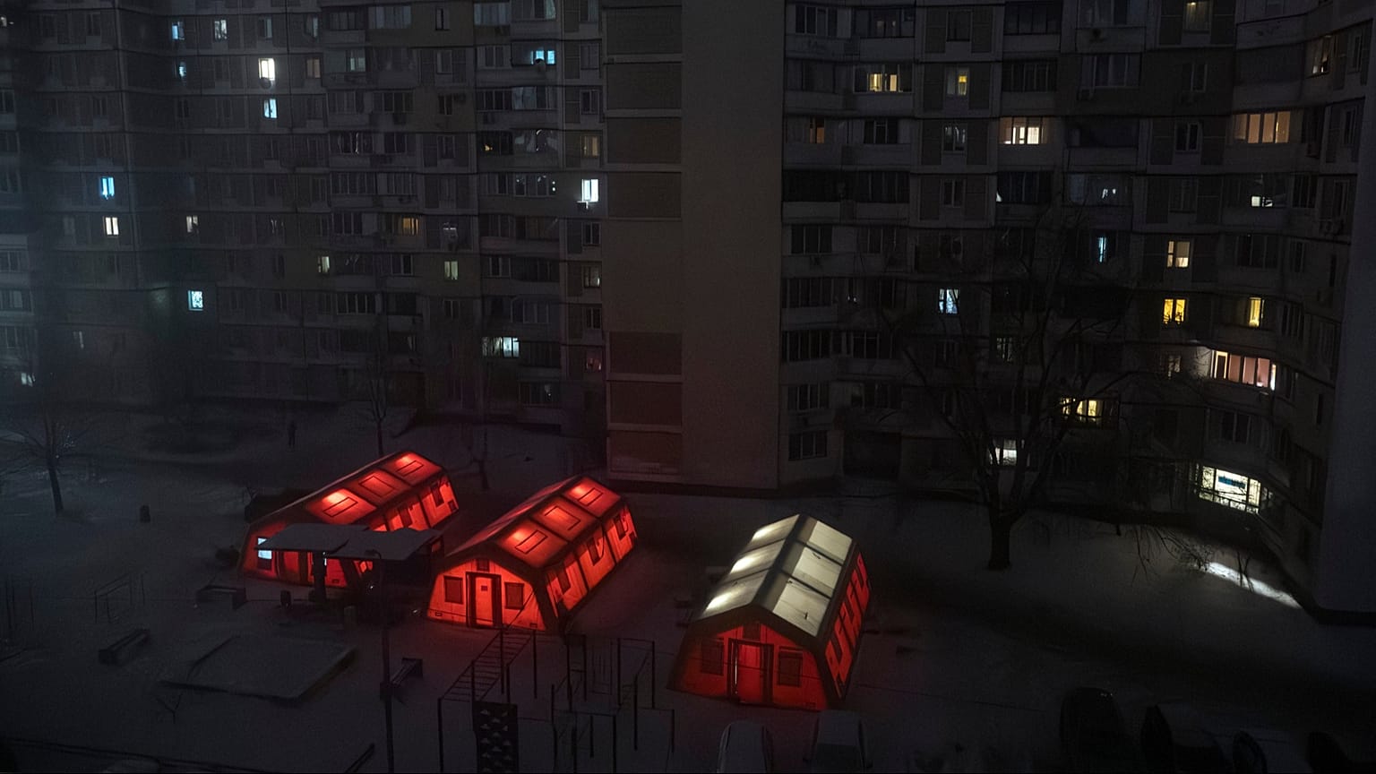 Emergency tents in a residential neighborhood where people can warm up following Russia's attacks against the country's energy grid. Kyiv, Ukraine, Jan. 15, 2026.