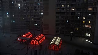 Emergency tents in a residential neighborhood where people can warm up following Russia's attacks against the country's energy grid. Kyiv, Ukraine, Jan. 15, 2026.