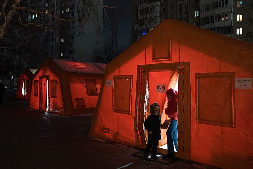 Emergency tents in a residential neighborhood where people can warm up following Russia's attacks against the country's energy grid. Kyiv, Ukraine, Jan. 15, 2026.