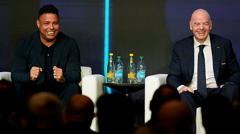 FILE: Left, Brazil's legendary World Cup winning striker Ronaldo and FIFA President Gianni Infantino at match schedule reveal for 2026 World Cup, Washington, 6 Dec, 2025