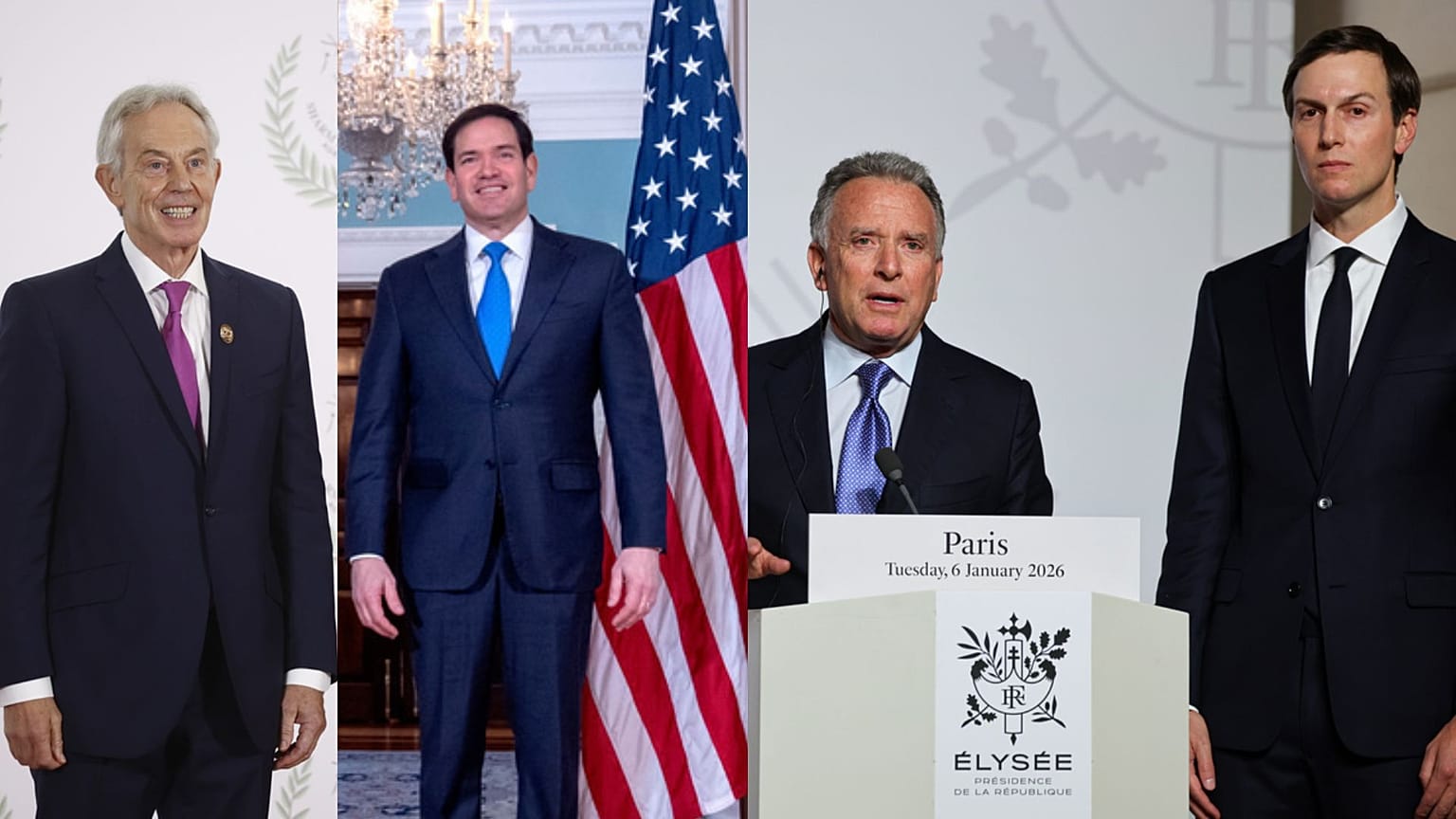 Fotomontagem com os governadores designados por Washington. Da esquerda para a direita: Tony Blair, Marco Rubio, Steve Witkoff e Jared Kushner
