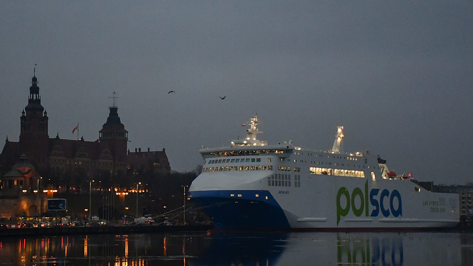 Die Fähre Jantar Unity am Kai in Szczecin, 15. Januar 2026. 
