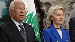 Ο πρόεδρος του Ευρωπαϊκού Συμβουλίου Αντόνιο Κόστα, αριστερά, διαβάζει δήλωση της προέδρου της Ευρωπαϊκής Επιτροπής Ούρσουλα φον ντερ Λάιεν, στο Λίβανο, στις 9 Ιανουαρίου 2026.