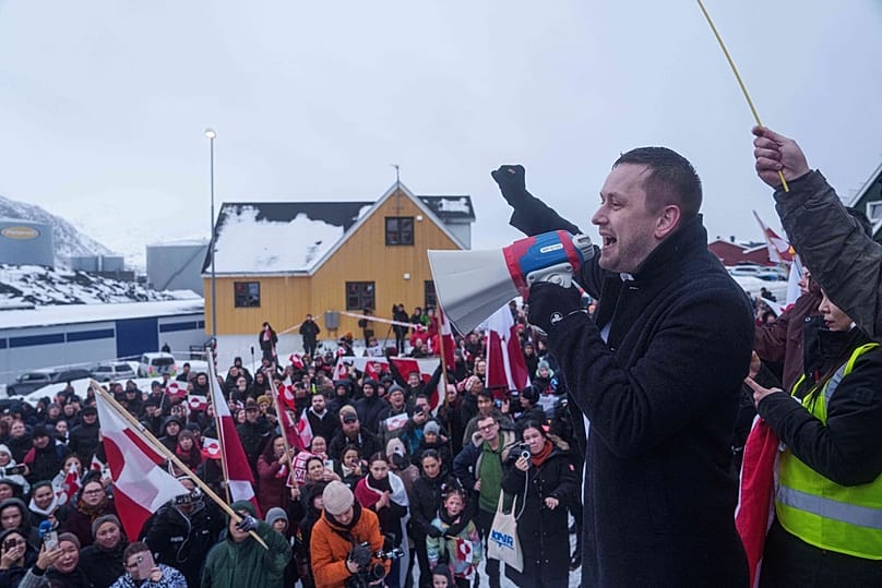 Greenlandic Prime Minister Jens-Frederik Nielsen speaks during a protest against Trump's policy towards Greenland in front of the US consulate in Nuuk, Saturday, Jan. 17, 2026