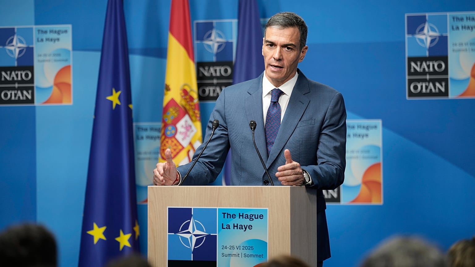 Spain's Prime Minister Pedro Sanchez speaks during a press conference after the plenary session at the NATO summit in The Hague, Netherlands, Wednesday, June 25, 2025.