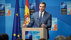 Spain's Prime Minister Pedro Sanchez speaks during a press conference after the plenary session at the NATO summit in The Hague, Netherlands, Wednesday, June 25, 2025.