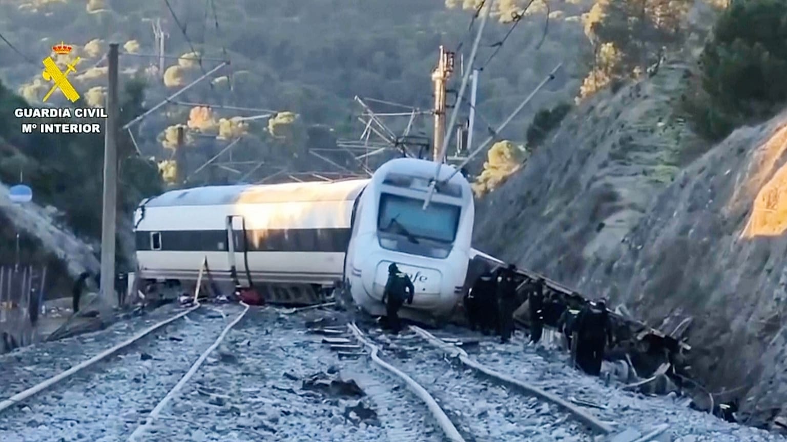 In this grab taken from video provided by Guardia Civil rescue workers at the scene after a high speed train collision in Adamuz, 19 January, 2026