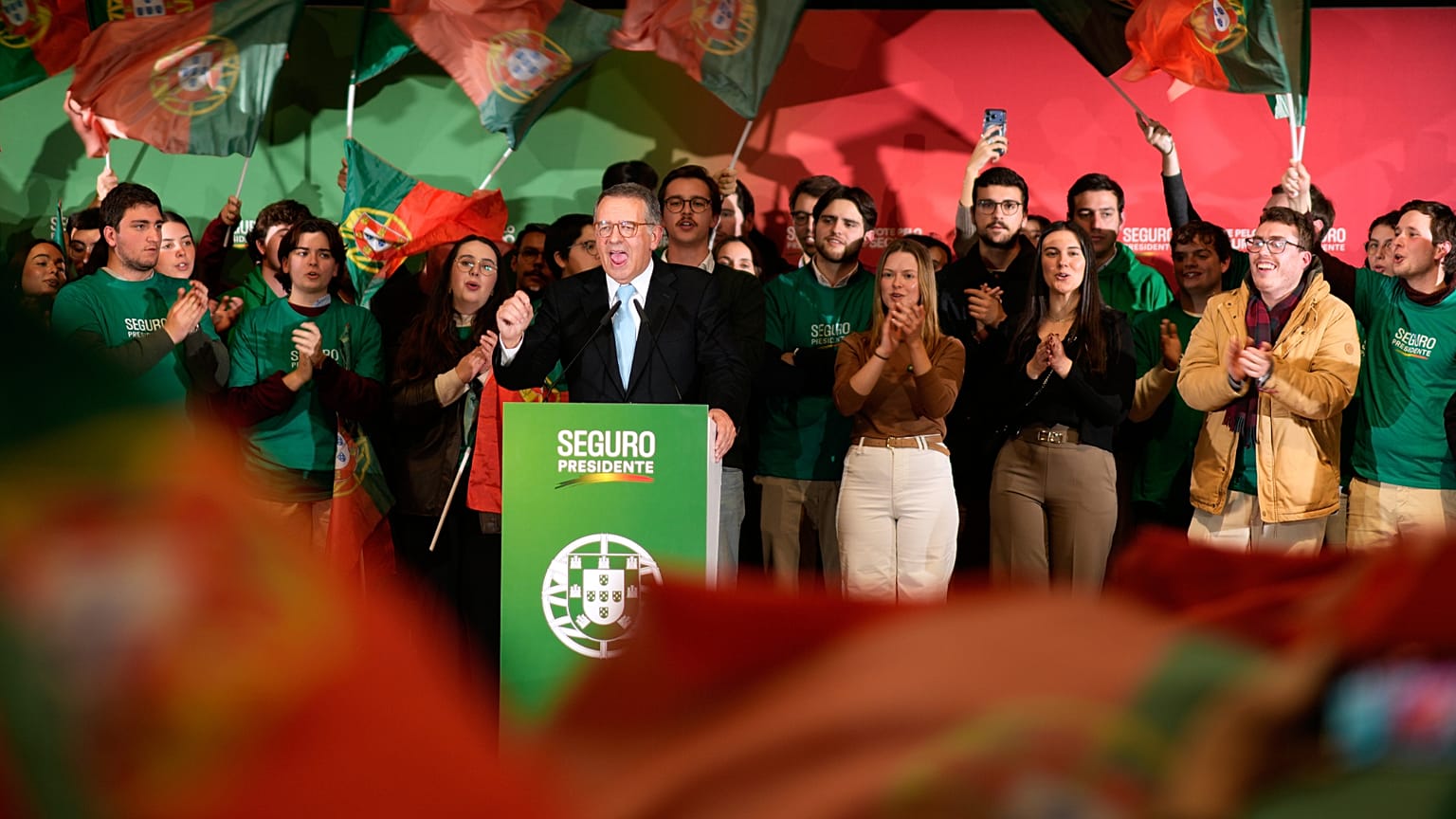 Presidential candidate Antonio Jose Seguro delivers a speech at his campaign closing rally ahead of Sunday's presidential election, in Lisbon, Friday, Jan. 16, 2026.