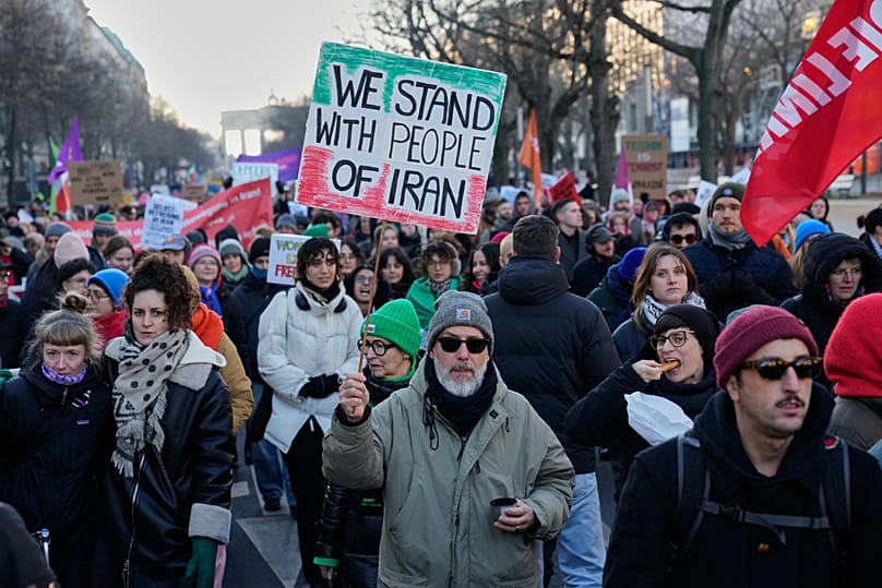 Protesters participate in a demonstration in support of the nationwide mass protests in Iran against the government in Berlin, 19 January, 2026