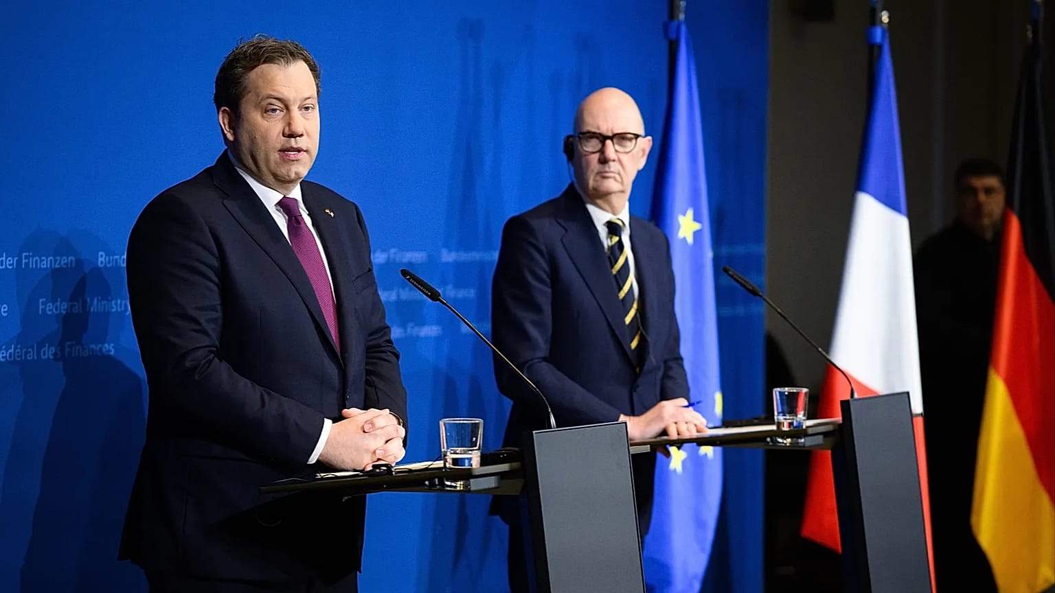 German Finance Minister Lars Klingbeil, left, and French Finance Minister Roland Lescure speak at a press conference at the Federal Ministry of Finance in Germany.