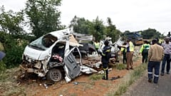Police inspect the scene of a collision between a truck and a minibus carrying school children in Vanderbijlpark, 19 January, 2026