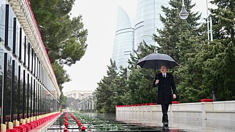Azerbaijan’s President Ilham Aliyev visits the Alley of Martyrs in Baku
