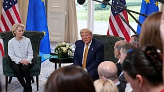 President Donald Trump speaks to the media as he meets European Commission President Ursula von der Leyen at the Trump Turnberry golf course in Turnberry, Scotland, July 2026