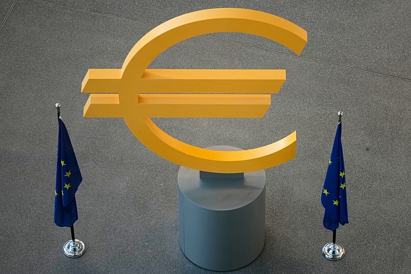 FILE. Euro currency symbol in the ECB headquarters, Frankfurt, Germany, Dec. 2025.