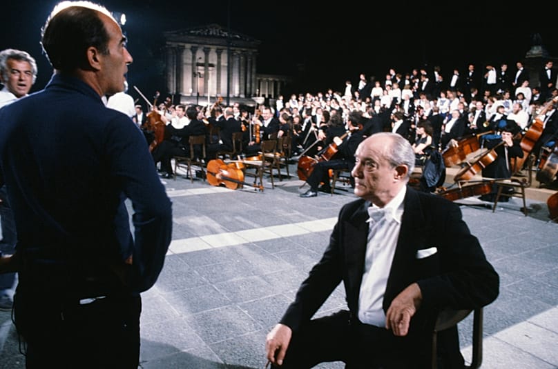 Hősök tere, a Himnusz új felvételét készíti a Magyar Televízió. Horváth Ádám rendező, Ferencsik János karmester - 1983